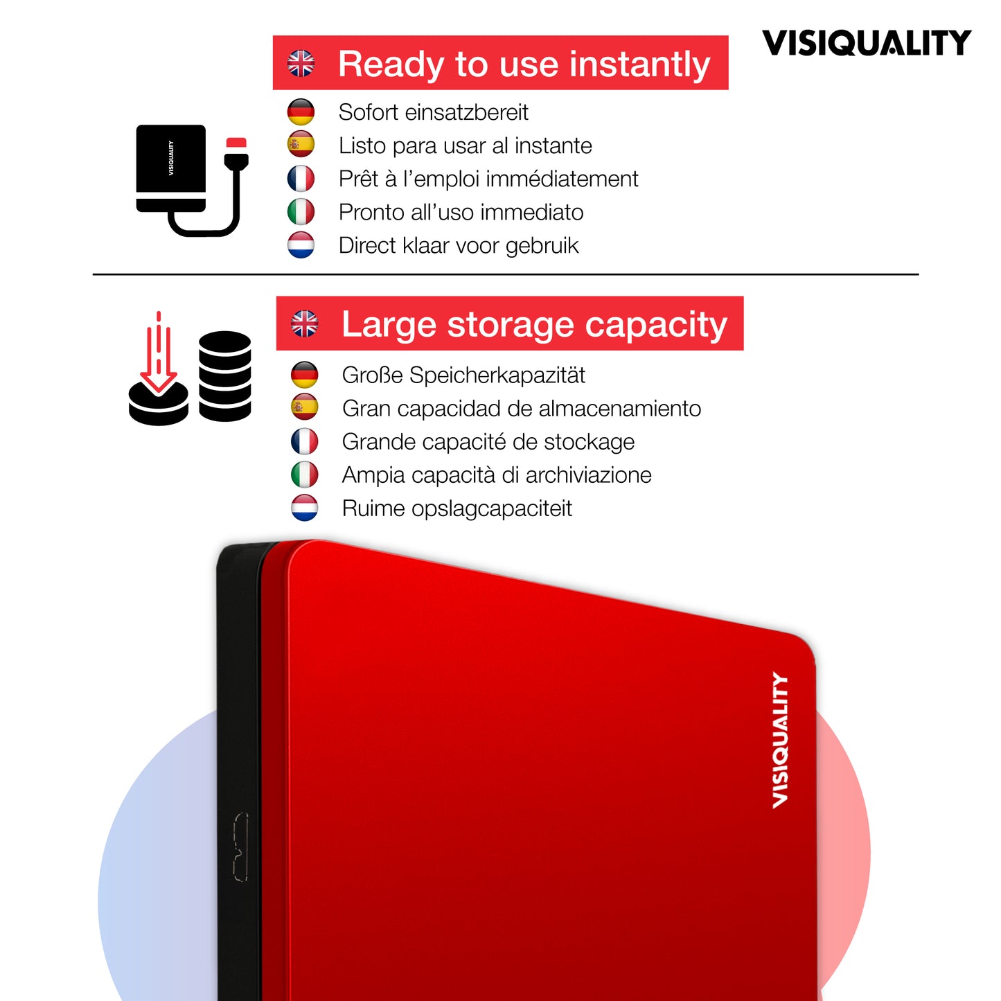 VisiQuality High-Speed Externe Harde Schijf - Bold Red 750 GB